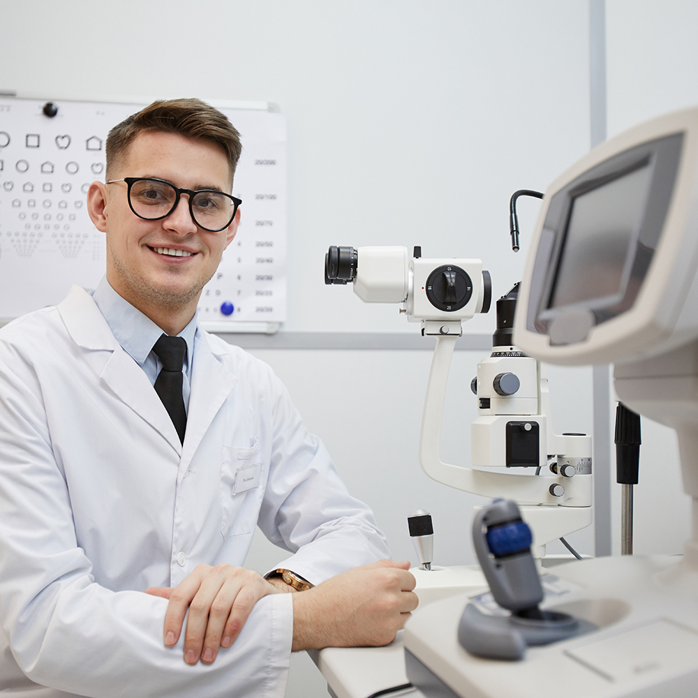 Male optometrist ready for patient co-management at Brimhall Eye in Las Vegas